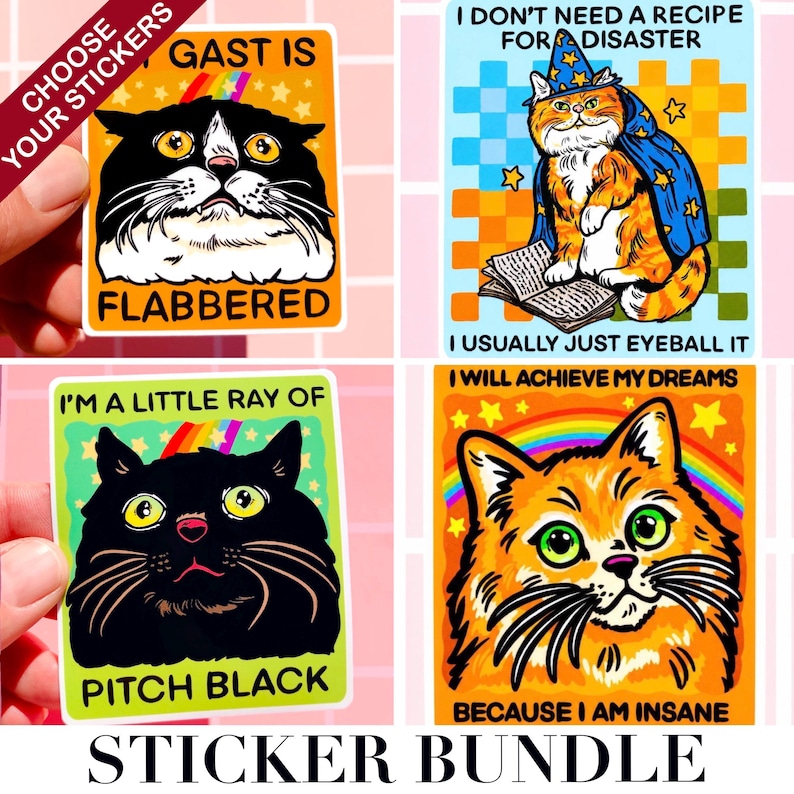 May include: A sticker bundle featuring four colorful cat illustrations with humorous phrases. The stickers include a black and white cat with "Flabbered", a cat wizard, a black cat with "Pitch Black", and an orange cat with "Because I am insane".