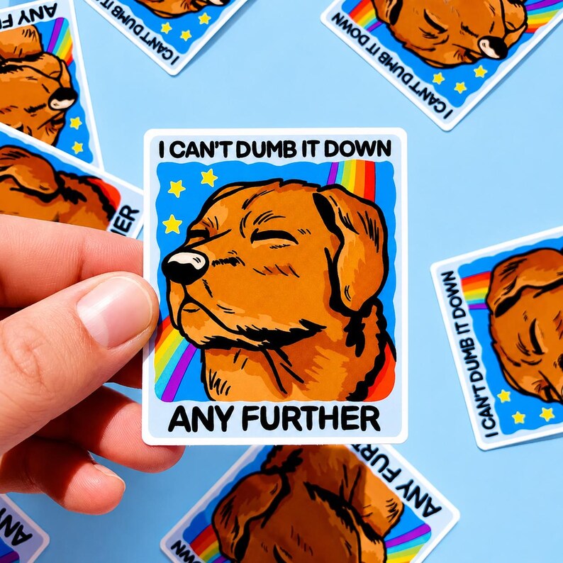 May include: A rectangular sticker featuring a brown dog with closed eyes against a blue background with yellow stars and a rainbow. The text I CAN'T DUMB IT DOWN is printed at the top and ANY FURTHER is printed at the bottom in black capital letters.