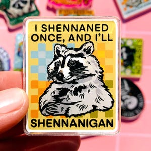 May include: A rectangular sticker with a raccoon illustration. The raccoon is in black and white, with the text "I SHENNANED ONCE, AND I'LL SHENNANIGAN" in black letters on a yellow and orange checkered background.
