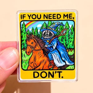 May include: A rectangular magnet featuring a raccoon dressed as a wizard in a blue robe and hat, riding a brown horse through a green forest with a rainbow in the sky. The text reads IF YOU NEED ME, at the top and DON'T. at the bottom in black.