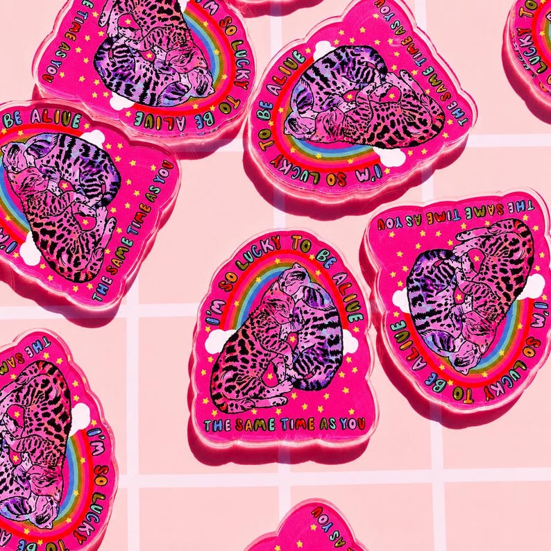 May include: A collection of acrylic charms featuring a pink background with two illustrated cats curled together. A rainbow and white clouds appear behind the cats, surrounded by yellow stars and the text I'M SO LUCKY TO BE ALIVE THE SAME TIME AS YOU.