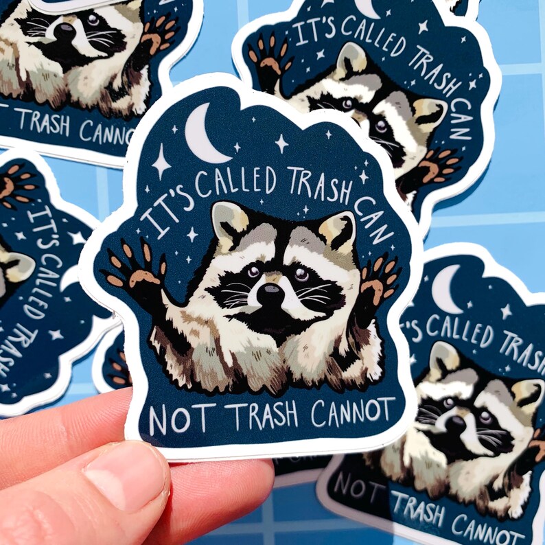 May include: A sticker featuring a raccoon with a crescent moon and stars in the background. The raccoon is holding its paws up and the text reads "It's called trash can, not trash cannot."