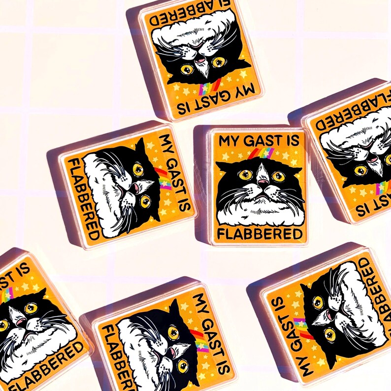 Puede incluir: Un conjunto de imanes rectangulares con una ilustraci&oacute;n de gato de dibujos animados. El gato es blanco y negro con ojos amarillos y un arco&iacute;ris. Los imanes tienen el texto "MY GAST IS FLABBERED" sobre un fondo amarillo con estrellas blancas.