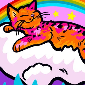 May include: A digital illustration featuring an orange cat with pink spots sleeping on a white cloud under a rainbow and yellow stars against a pink sky. Below, blue raindrops fall over a purple background with the text A RAINY DAY WILL NOT STOP YOU.
