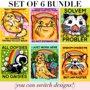 May include: A set of six colourful graphic prints featuring animals and text. Designs include a fluffy orange cat, a smug orange cat, a possum, a skunk among daisies, a golden retriever at a desk, and a wide-eyed orange cat, all with rainbows.
