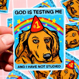 May include: A square sticker with a cartoon dog wearing a party hat and a rainbow. The sticker has the text "GOD IS TESTING ME AND I HAVE NOT STUDIED" on a blue background.