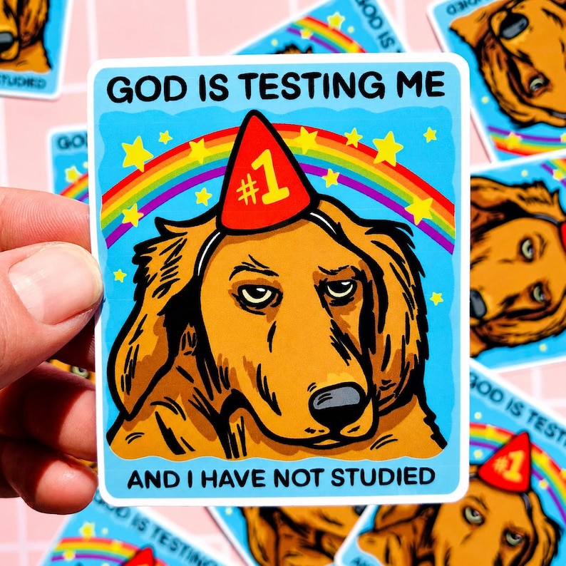 Puede incluir: Una pegatina cuadrada con un perro de dibujos animados con un gorro de fiesta y un arco&iacute;ris. La pegatina tiene el texto "GOD IS TESTING ME AND I HAVE NOT STUDIED" sobre un fondo azul.