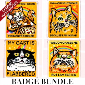 May include: A set of four rectangular badges featuring cat illustrations on yellow backgrounds with rainbows and stars. The text reads: HUNGRY I BECOME EVERYONE'S PROBLEM, I WILL ACHIEVE MY DREAMS BECAUSE I AM INSANE, MY GAST IS FLABBERED, and WISDOM CHASES ME BUT I AM FASTER.