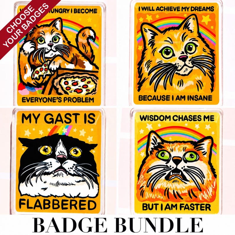May include: A set of four rectangular badges featuring cat illustrations on yellow backgrounds with rainbows and stars. The text reads: HUNGRY I BECOME EVERYONE'S PROBLEM, I WILL ACHIEVE MY DREAMS BECAUSE I AM INSANE, MY GAST IS FLABBERED, and WISDOM CHASES ME BUT I AM FASTER.