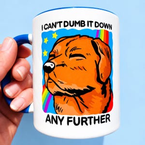 May include: A white ceramic mug with a blue handle and rim, featuring a graphic of an orange dog with closed eyes against a blue background with yellow stars and a rainbow. The text reads I CAN'T DUMB IT DOWN ANY FURTHER in black capital letters.