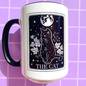 Black Cat Mug Tarot Coffee Cup Cat Themed Gift Mug Witchy Moon Gothic Mug Cute Cat Pet Themed Gift Tarot Card Stocking Stuffer Best Friend