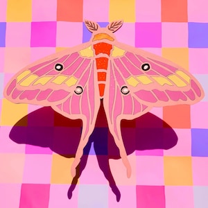 May include: A moth-shaped decorative object featuring vibrant pink, orange, and yellow colors. The wings display symmetrical patterns with circular eye-like markings, while the central body is a bright orange. The design has a flat, cutout appearance.
