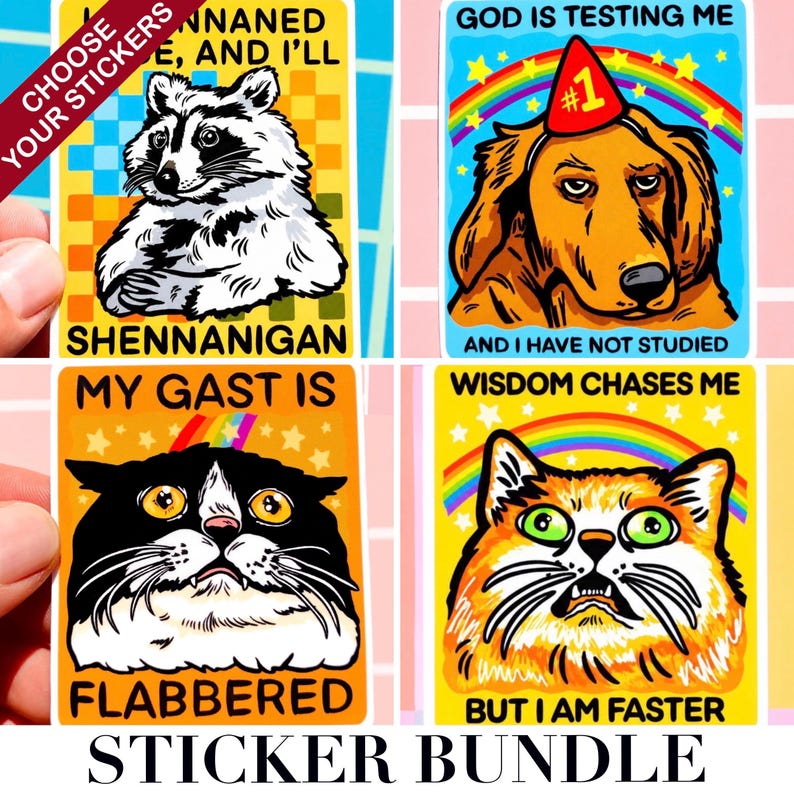 Puede incluir: Un paquete de pegatinas con cuatro dise&ntilde;os coloridos. Las pegatinas representan un mapache, un perro con un gorro de fiesta y dos gatos. Cada pegatina incluye texto humor&iacute;stico, como "Shennanigan" y "Flabbered".