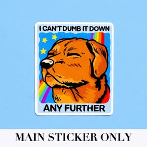 May include: A rectangular sticker featuring a golden-brown dog with closed eyes against a blue background. The design includes yellow stars, a rainbow, and the black text I CAN'T DUMB IT DOWN ANY FURTHER printed at the top and bottom of the sticker.