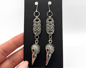 Handmade l Chainmail Earrings with Raven Skull Drop Charm