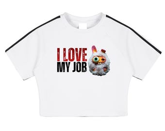 White Cropped I Love My Job Graphic Tee with Original Monster Art