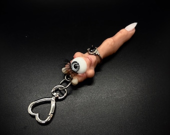 Severed Ring Finger Keychain — OOAK Hand Sculpted Creepy Cute Bag Charm with Glass Eye, Lashes & Ring, Funny Divorce Gift, Weirdcore Oddity