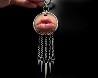 One Of A Kind Hand Sculpted Lip Keychain with Silver Chain Fringe