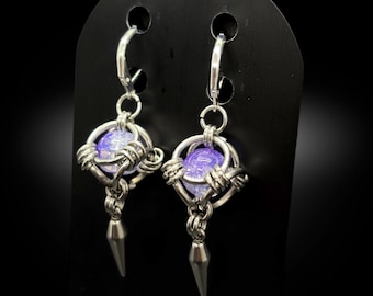 Lavender Crystal Chainmail Spike Earrings – Stainless Steel Gothic Jewelry | Handmade Alternative Earrings