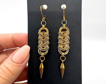Handmade Mixed Metal Chainmail Earrings with Gold Spike Drops