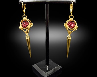 Red Rhinestone Gold Chainmail Spike Earrings – Gothic Statement Jewelry | Handmade Dark Alternative Earrings