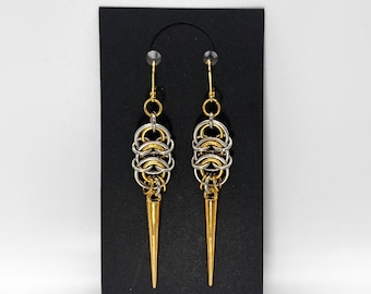 Handmade Stainless Steel Chainmail Earrings with Gold Spike Charms