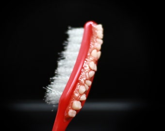 Humongous 15 in Toothbrush with human teeth replicas. Hand decorated creepy art piece. Tooth fairy costume accessory