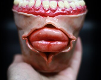 Toothy Plant Pot  3.5’’ with lips handsculpted decorated with acrylic human teeth replicas Unique gothic gift weird present one of a kind!