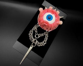 One Eyed Monster Pin — OOAK Hand Sculpted Oddity Brooch with Glass Evil Eye, Spikes, Teeth & Handmade Chainmail, Weirdcore Horror Jewelry