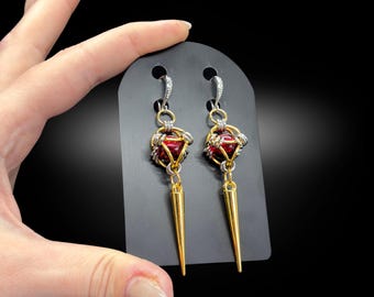 Gold Red Crackle Glass Chainmail Spike Earrings – Mixed Metal Gothic Statement Jewelry