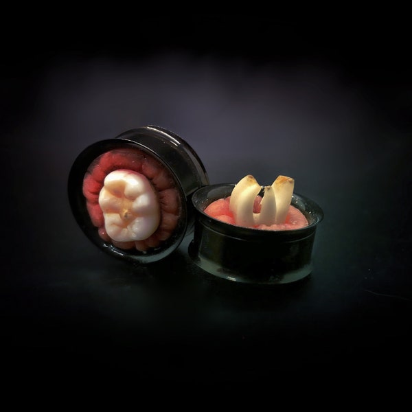 REAL human teeth gauges plugs 7/8 polymer clay decorative creepy earrings horror halloween weird