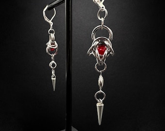 Red Bead & Spike Chainmail Earrings – Gothic Stainless Steel | Handmade Dark Alternative Jewelry