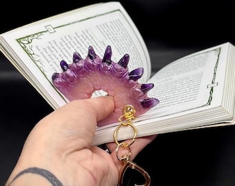 Amethyst Crystal Book Page Holder & Bag Charm — OOAK Hand Sculpted Thumb Ring Bookmark with Natural Gemstones, Witchy Gothic Reader Gift