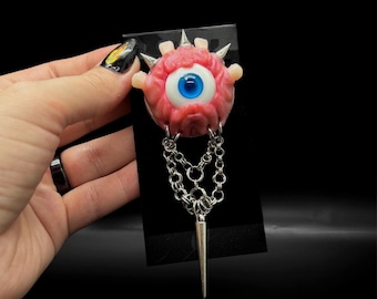 One Eyed Monster Pin — OOAK Hand Sculpted Oddity Brooch with Glass Evil Eye, Spikes, Teeth & Handmade Chainmail, Weirdcore Horror Jewelry