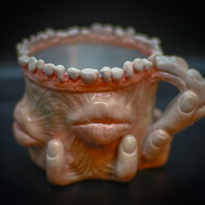 Creepy 20 oz Mug/Coffee Cup polymer clay aluminum decorative one of a kind with teeth lips fingers gothic gift