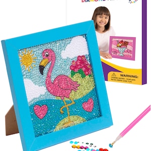 Flamingo Diamond Art Kits for Kids w/ 7 1/8&quot; x 7 1/8&quot; Frame - Diamond Art Kits for Kids - DIY Kits for Kids 6-12 Years Old