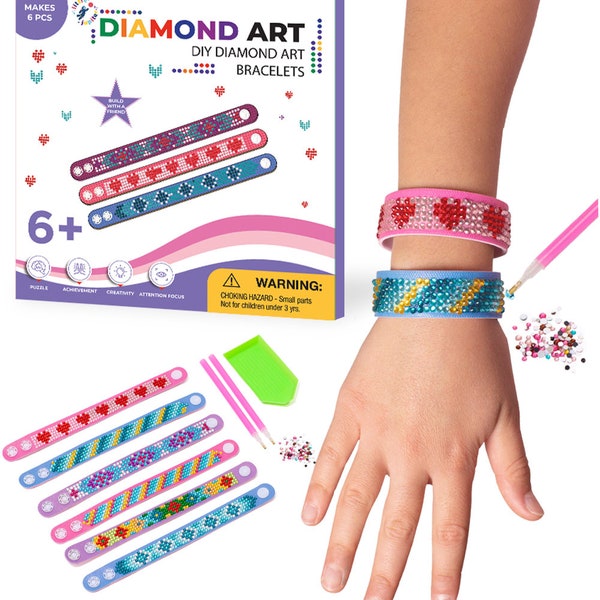 Diamond Art Bracelet Kit - Includes 6pcs - Diamond Art Kits for Kids - DIY Kits for Kids 6-12 Years Old - Compete Gem Art Kit for Kids