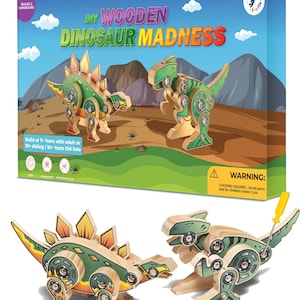 Kit de madera para hacer tú mismo con pegatinas: Dinosaur Madness: T-Rex y estegosaurios. Manualidades de madera para niños de 7 a 12 años. Incluye destornillador y todas las piezas.