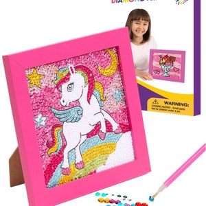 Unicorn Diamond Art Kits for Kids w/ 7 1/8&quot; x 7 1/8&quot; Frame - Diamond Art Kits for Kids - DIY Kits for Kids 6-12 Years Old