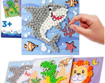 DIY Pom Pom Art - Makes 3 Art Pieces -Boy & Girl Crafts for Kids Age 3-5 -  Includes Lion, Shark and Dinosaur - Arts and Crafts for 3-5 yrs