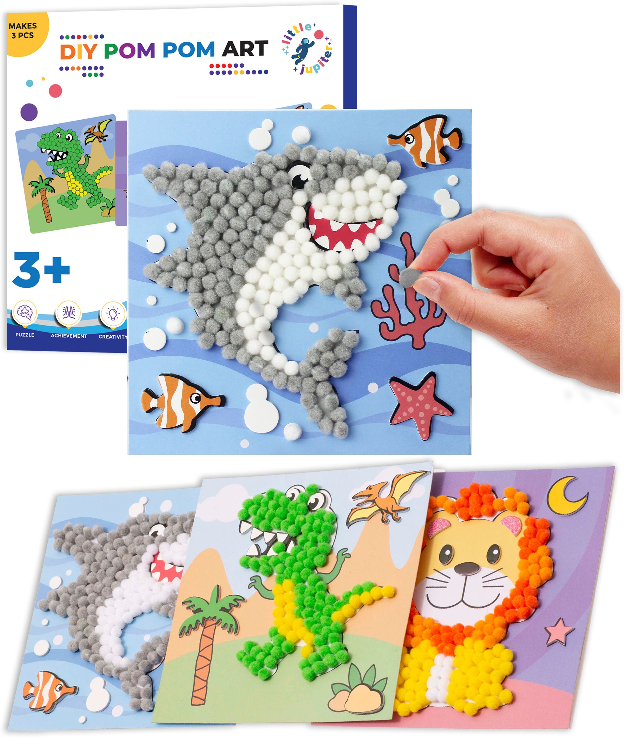 DIY Pom Pom Art - Makes 3 Art Pieces -Boy & Girl Crafts for Kids Age 3-5 -  Includes Lion, Shark and Dinosaur - Arts and Crafts for 3-5 yrs