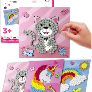 DIY Pom Pom Art - Makes 3 Art Pieces -Boy & Girl Crafts for Kids Age 3-5 - Includes Unicorn, Cat, and Rainbow - Arts and Crafts for 3-5 yrs