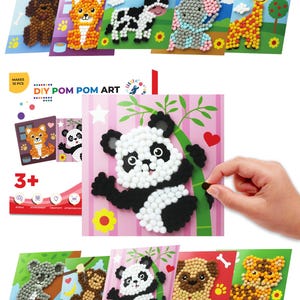 Pom Pom Art fai da te - 10 pezzi (set da 4) - scimmia, carlino, giraffa, mucca, labradoodle, koala, elefante, panda, gatto e tigre