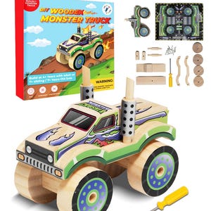 DIY Wooden Monster Truck Design 2 w/ Stickers - Kids Wood Buildng Kit for 4-7 Years Old-Woodworking Kit for Kids - Stem Building Kit