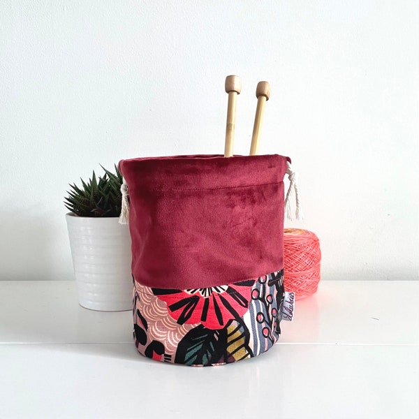 Drawstring bag in velvet and cotton fabric, Knitting/Crochet Project Bag 1 to 2 skeins, Sock Size, Binky/Pyjamas/Yarn Bag - Susan