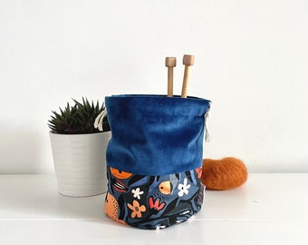 Drawstring bag in velvet and cotton fabric, Knitting/Crochet Project Bag 1 to 2 skeins, Sock Size, Binky/Pyjamas/Yarn Bag - Chantal