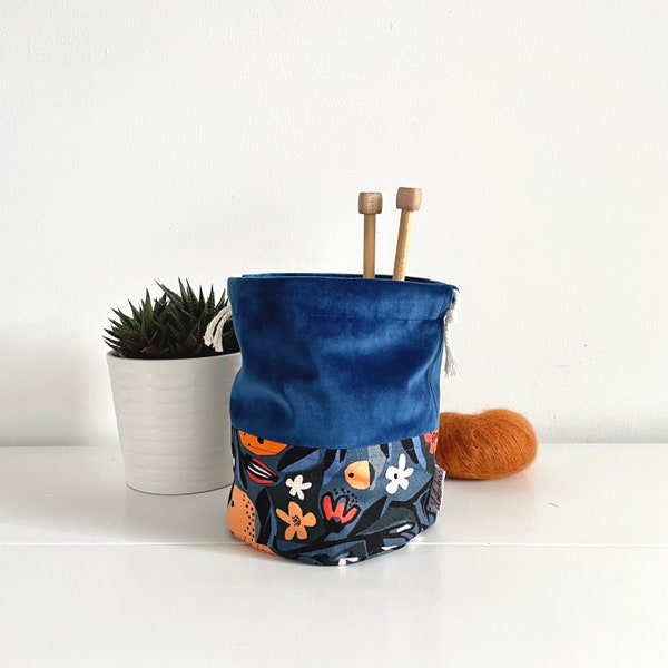Drawstring bag in velvet and cotton fabric, Knitting/Crochet Project Bag 1 to 2 skeins, Sock Size, Binky/Pyjamas/Yarn Bag - Chantal