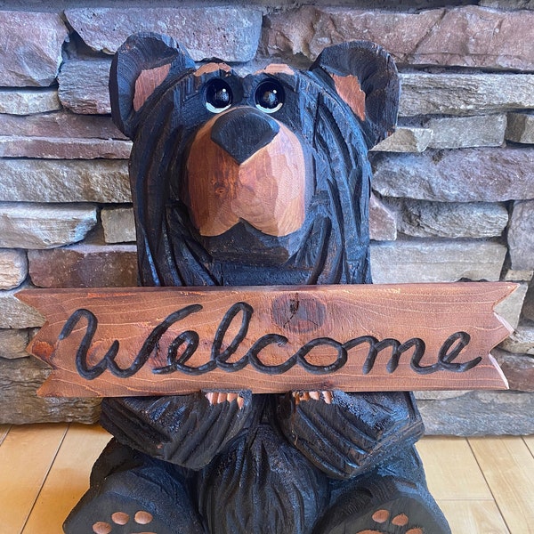 Welcome Bear, Wood Chainsaw Carving, Home Decor, Cabin Decor