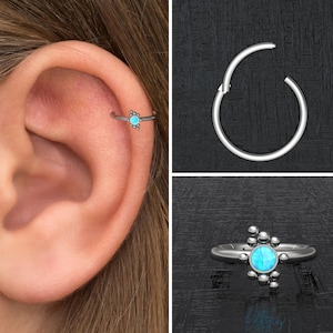 Opal Rook Earring Titanium Implant Grade, Tragus Earring, Clicker Hoop, Forward Helix Clicker, Tragus Piercing, Conch Ring, Cartilage Ring