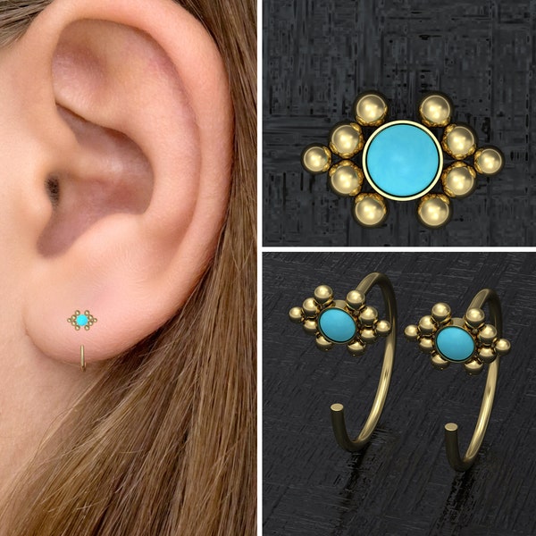 Petites boucles d’oreilles en cerceau Turquoise, Boucles d’oreilles en acier chirurgical Sleeper Hoop, Boucles d’oreilles Open Hoop Huggie, Vestes d’oreille, Cerceaux d’oreille Hugger, Huggie d’oreille